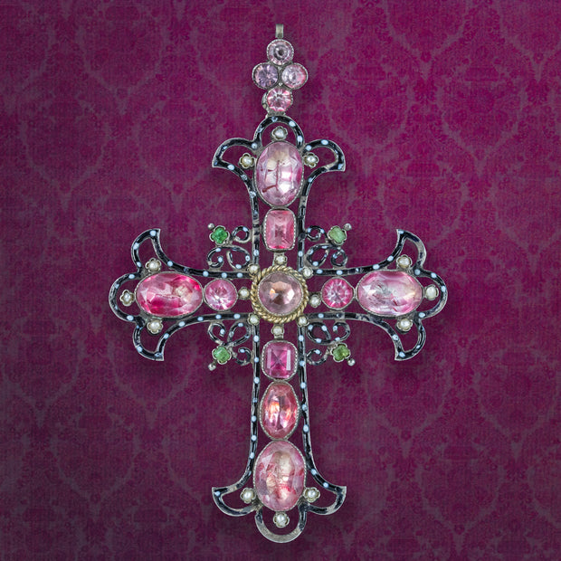 Antique Victorian French Cross Pendant Pink Paste Pearl Emerald Enamel