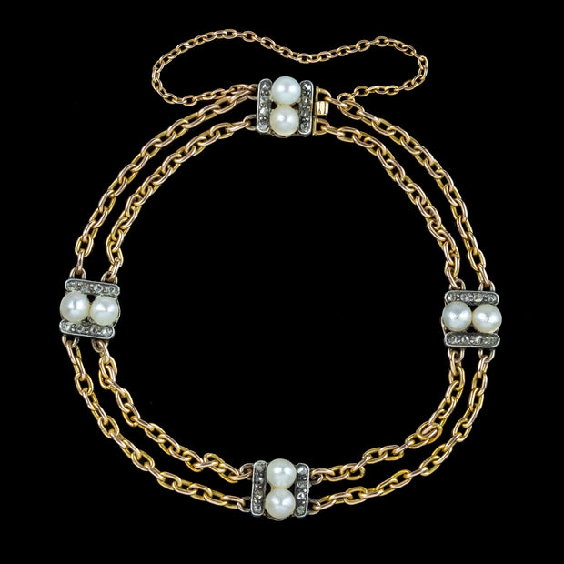 Antique Victorian French Pearl Diamond Chain Bracelet 18ct Gold