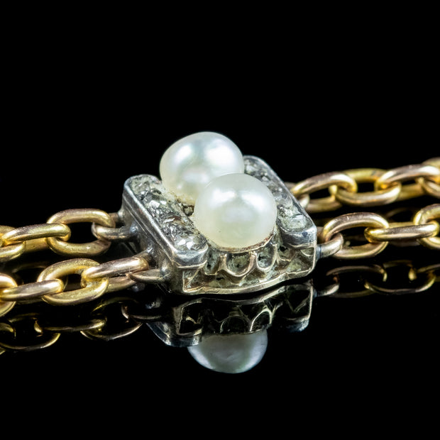 Antique Victorian French Pearl Diamond Chain Bracelet 18ct Gold