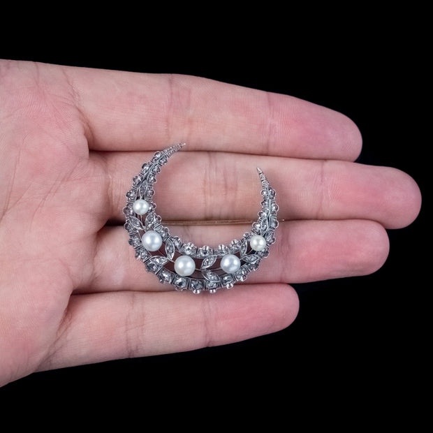 Antique Victorian French Pearl Diamond Crescent Moon Brooch  
