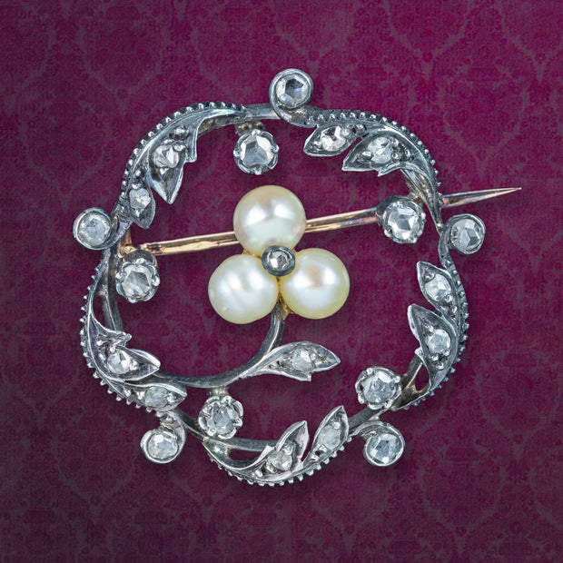 Antique Victorian French Pearl Diamond Flower Brooch Silver 18ct Gold