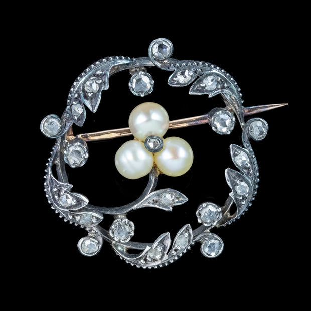 Antique Victorian French Pearl Diamond Flower Brooch Silver 18ct Gold