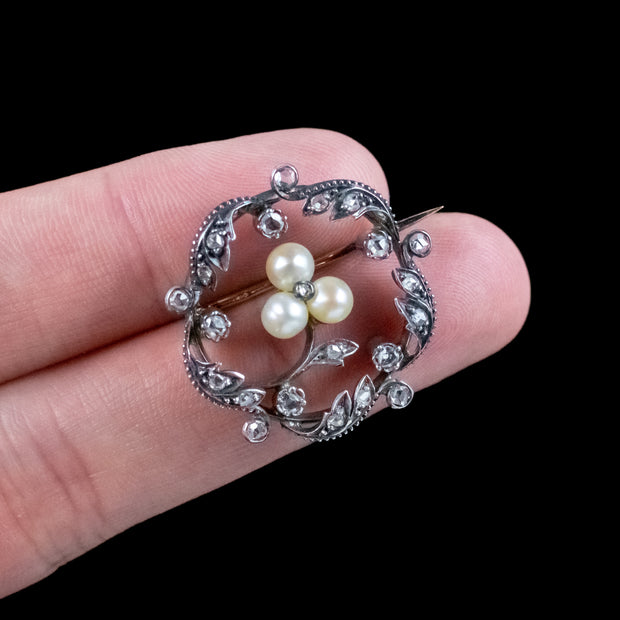 Antique Victorian French Pearl Diamond Flower Brooch Silver 18ct Gold