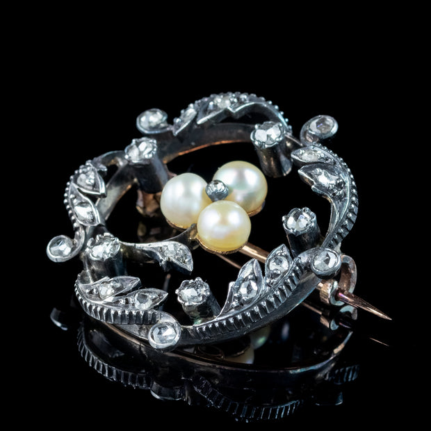 Antique Victorian French Pearl Diamond Flower Brooch Silver 18ct Gold