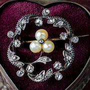 Antique Victorian French Pearl Diamond Flower Brooch Silver 18ct Gold