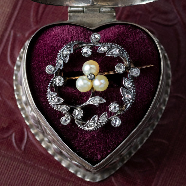 Antique Victorian French Pearl Diamond Flower Brooch Silver 18ct Gold