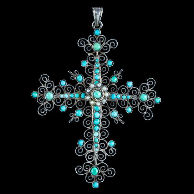 Antique Victorian French Turquoise Pearl Cross Pendant