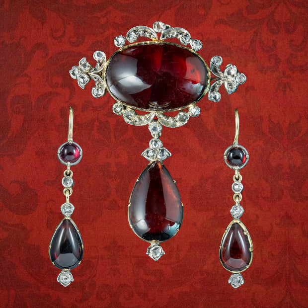 Antique Victorian Garnet Diamond Brooch And Earrings Suite With Box
