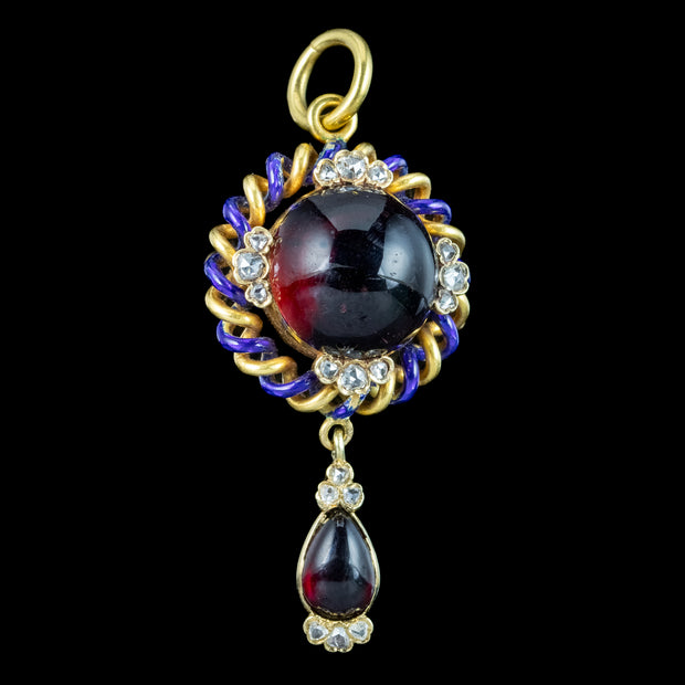 Antique Victorian Garnet Diamond Enamel Pendant 18ct Gold With Locket