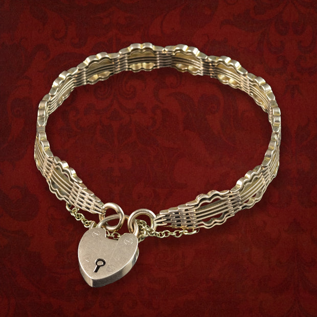 Antique Victorian Gate Bracelet 9ct Gold With Heart Padlock