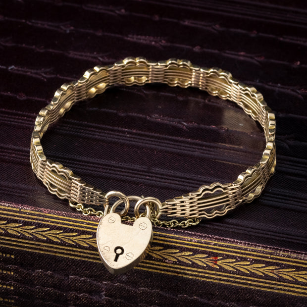 Antique Victorian Gate Bracelet 9ct Gold With Heart Padlock