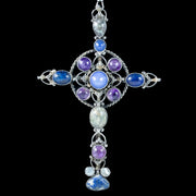 Antique Victorian Gemstone Cross Pendant And Silver Guard Chain Necklace