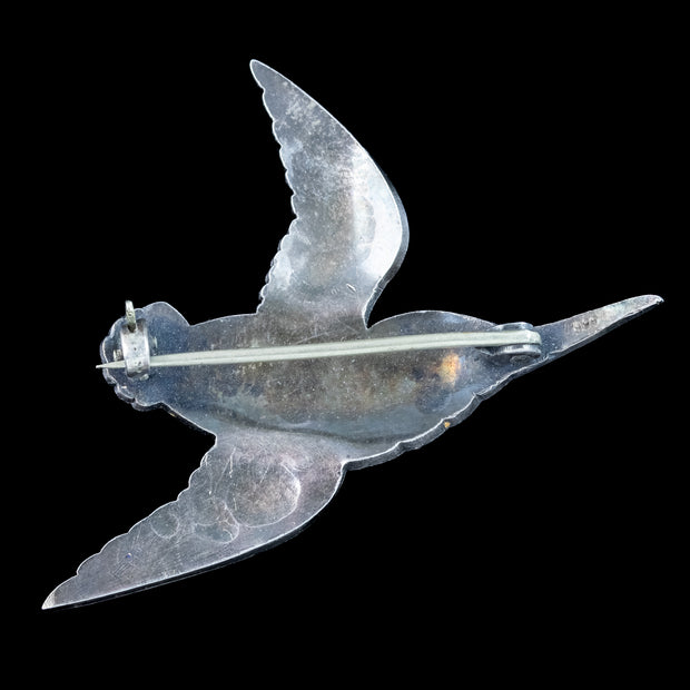 Antique Victorian Guilloche Enamel Kingfisher Brooch Silver