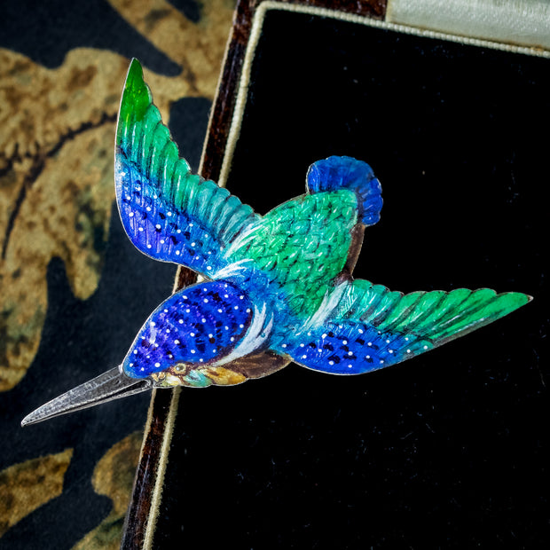Antique Victorian Guilloche Enamel Kingfisher Brooch Silver