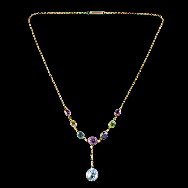 Antique Victorian Harlequin Gemstone Lavaliere Necklace 15ct Gold