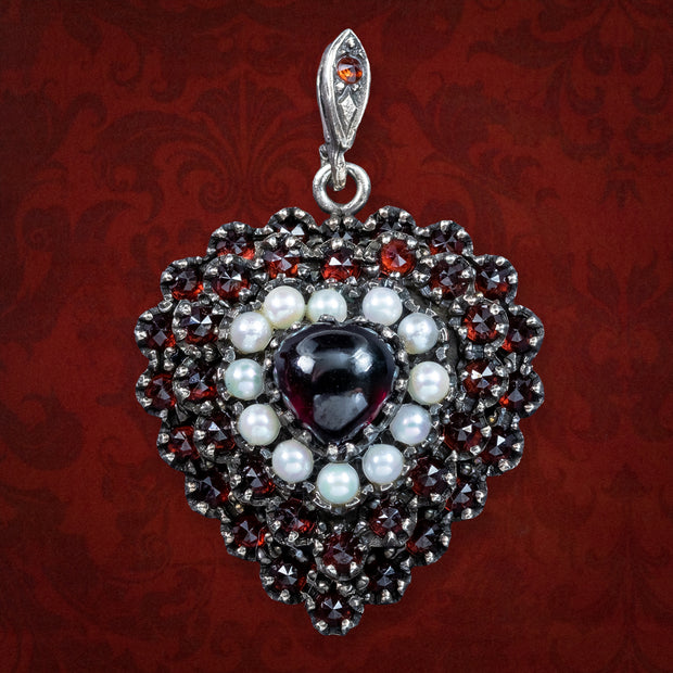 Antique Victorian Heart Locket Garnet Pearl 