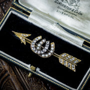 Antique Victorian Horseshoe Diamond Pearl Arrow Brooch 18ct Gold 