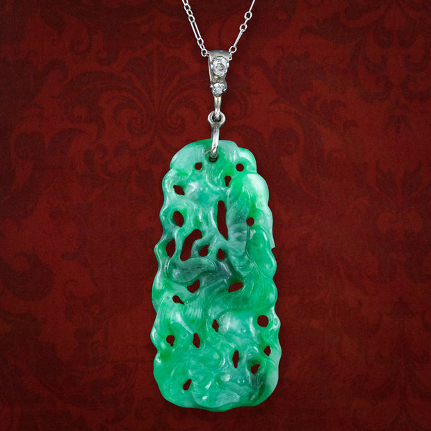 Antique Victorian Jade Diamond Pendant Necklace Platinum Chain