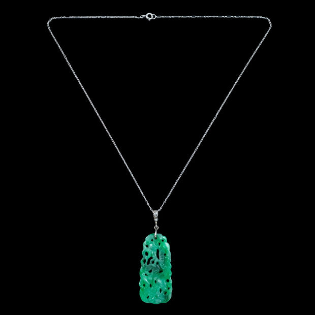 Antique Victorian Jade Diamond Pendant Necklace Platinum Chain
