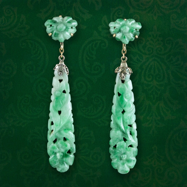 Antique Victorian Jade Drop Earrings 9ct Gold 