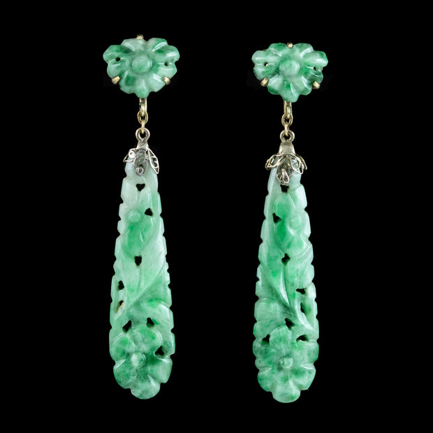 Antique Victorian Jade Drop Earrings 9ct Gold 