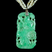 Antique Victorian Jade Pearl Necklace With Floral Jadeite Pendant 