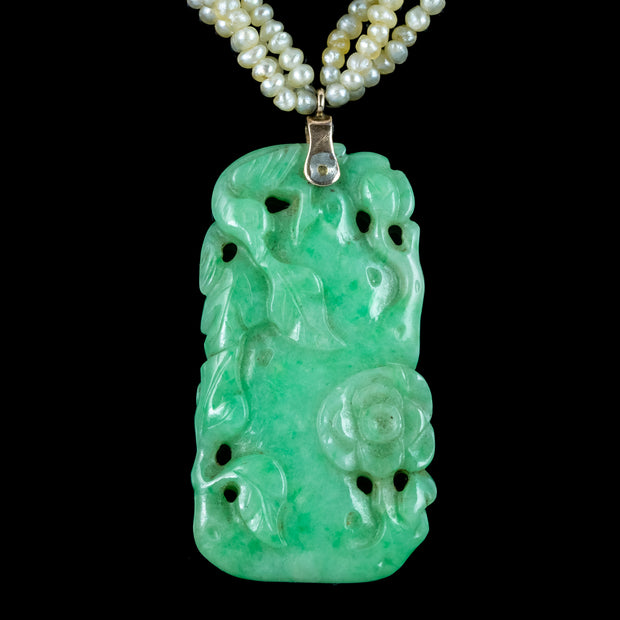 Antique Victorian Jade Pearl Necklace With Floral Jadeite Pendant 