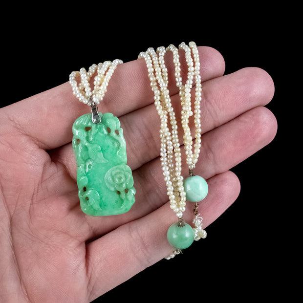 Antique Victorian Jade Pearl Necklace With Floral Jadeite Pendant 