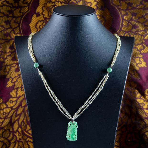 Antique Victorian Jade Pearl Necklace With Floral Jadeite Pendant 