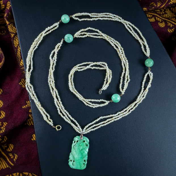 Antique Victorian Jade Pearl Necklace With Floral Jadeite Pendant 