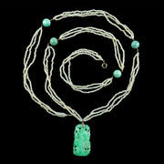 Antique Victorian Jade Pearl Necklace With Floral Jadeite Pendant 