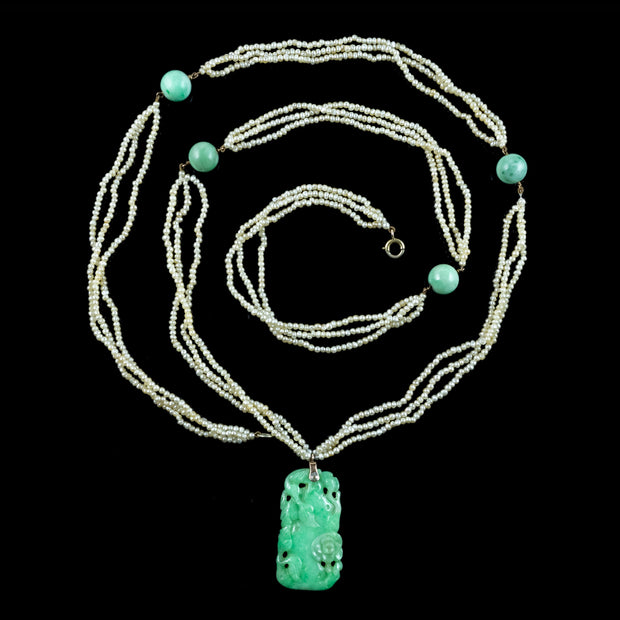 Antique Victorian Jade Pearl Necklace With Floral Jadeite Pendant 
