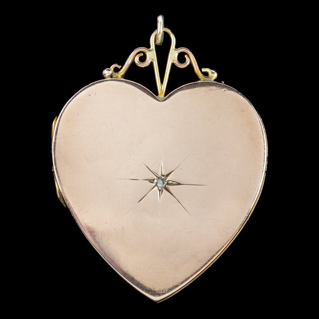 Antique Victorian Large Diamond Heart Locket 9ct Gold Back And Front