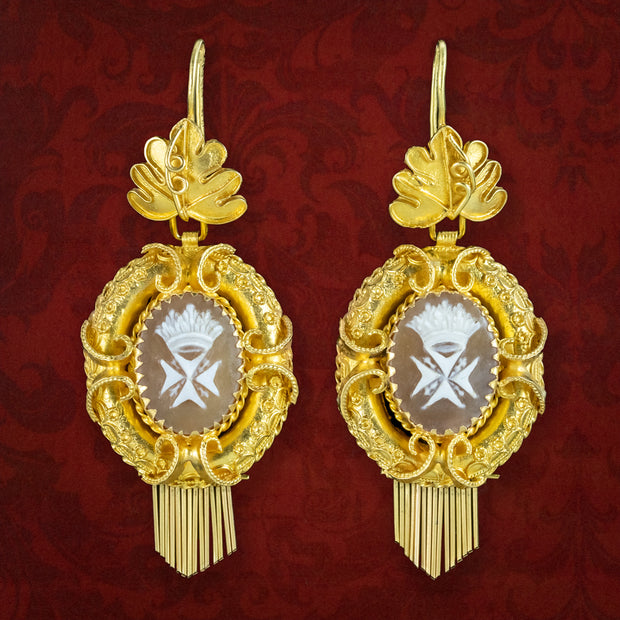 Antique Victorian Maltese Cross Cameo Drop Earrings 18ct Gold