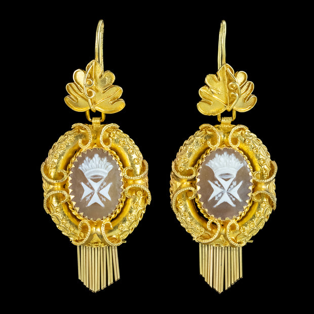 Antique Victorian Maltese Cross Cameo Drop Earrings 18ct Gold