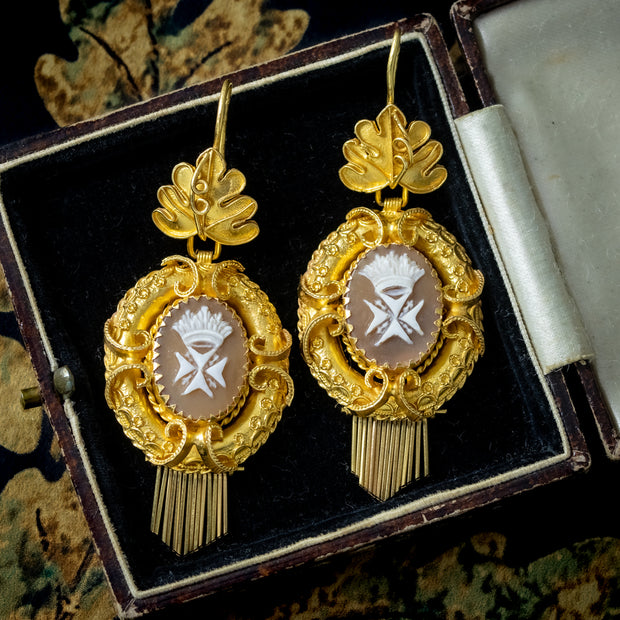 Antique Victorian Maltese Cross Cameo Drop Earrings 18ct Gold