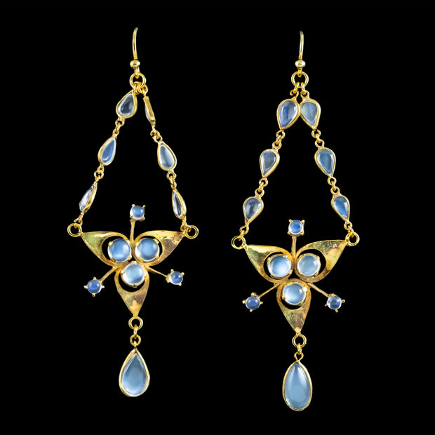 Antique Victorian Moonstone Chandelier Earrings Silver 18ct Gold Cased