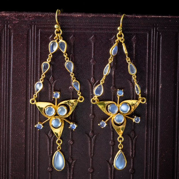 Antique Victorian Moonstone Chandelier Earrings Silver 18ct Gold Cased