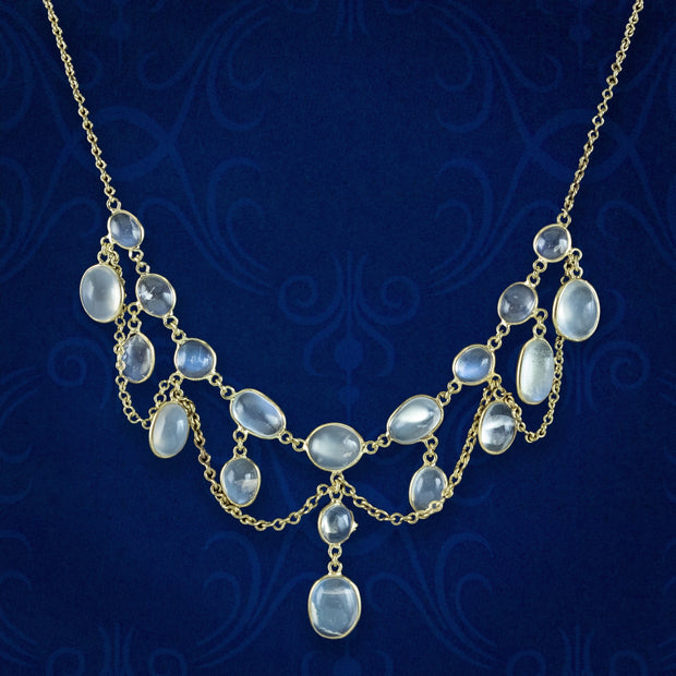 Antique Victorian Moonstone Dropper Necklace Silver 18ct Gold Gilt