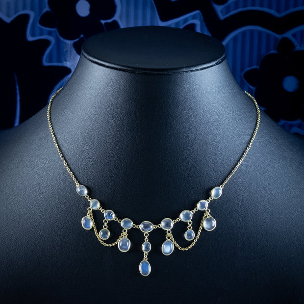 Antique Victorian Moonstone Dropper Necklace Silver 18ct Gold Gilt