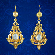 Antique Victorian Moonstone Pearl Drop Earrings 18ct Gold 