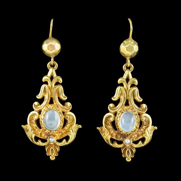 Antique Victorian Moonstone Pearl Drop Earrings 18ct Gold 