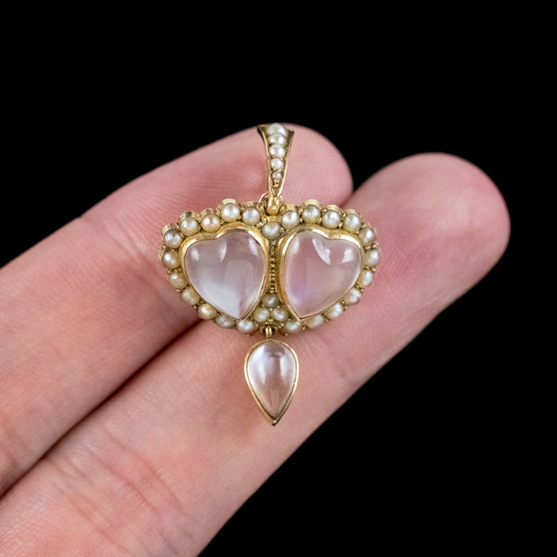 Antique Victorian Moonstone Pearl Heart Pendant 18ct Gold