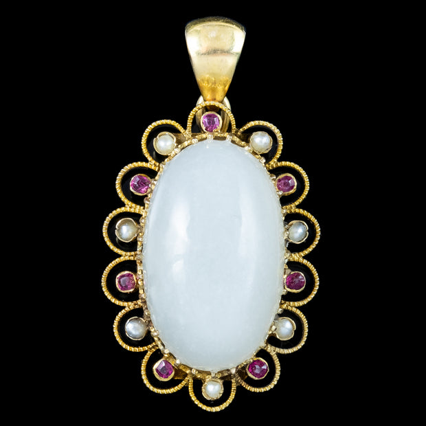 Antique Victorian Moonstone Ruby Pearl Pendant 15ct Gold 19.5ct Moonstone