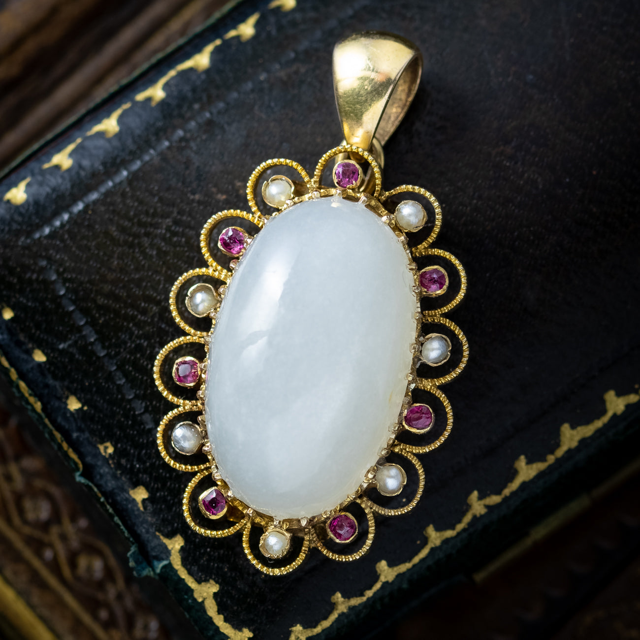 Antique Victorian Moonstone Ruby Pearl Pendant 15ct Gold 19.5ct Moonst ...