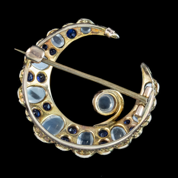 Antique Victorian Moonstone Sapphire Crescent Moon Brooch 