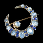 Antique Victorian Moonstone Sapphire Crescent Moon Brooch 