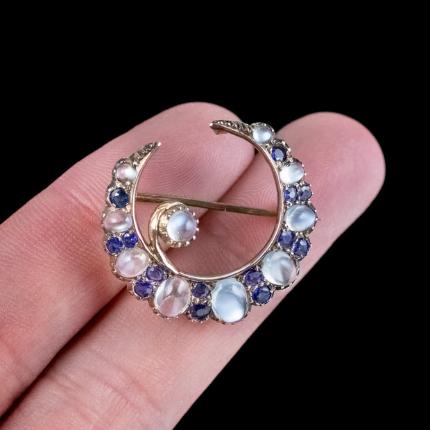 Antique Victorian Moonstone Sapphire Crescent Moon Brooch 