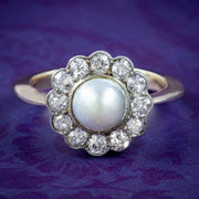 Antique Victorian Natural Pearl Diamond Daisy Cluster Ring 1ct Of Diamond