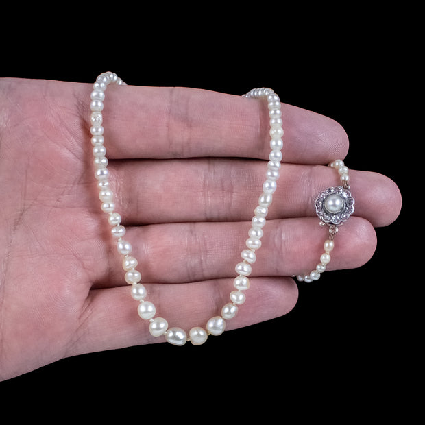 Antique Victorian Natural Baroque Pearl Necklace Diamond Flower Clasp